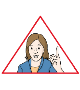 Achtung - Frau in einem roten Warn-Dreieck zeigt mit dem Finger nach oben